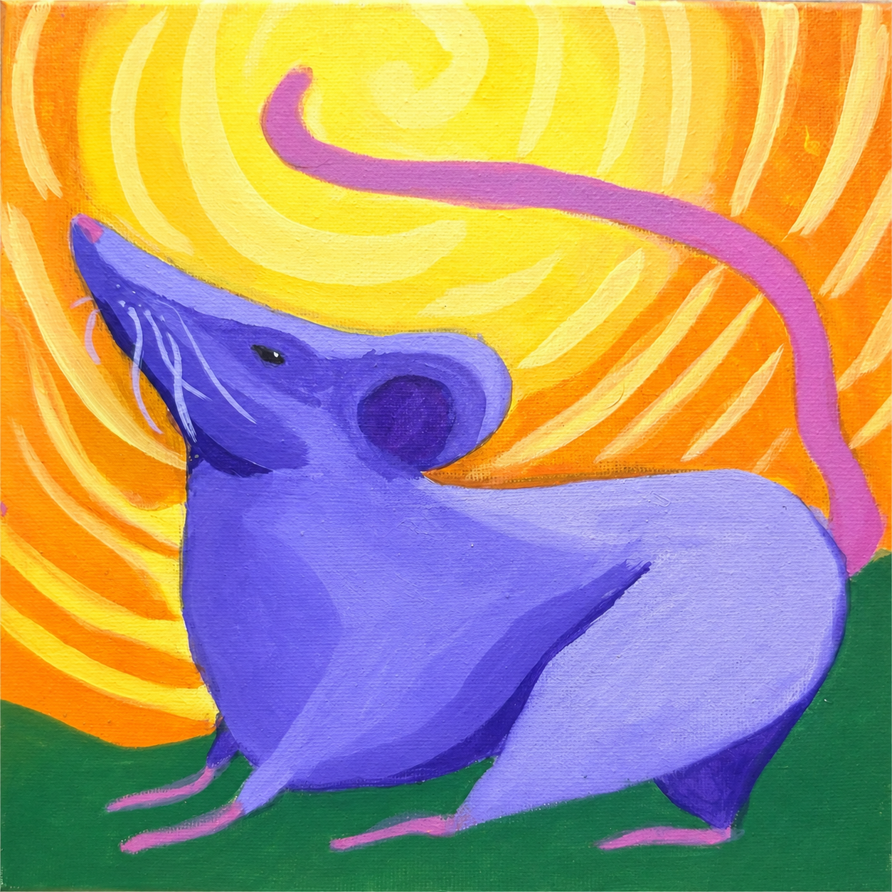 Orange and yellow swirl background with a purple rat and pink tail, original acrylic painting