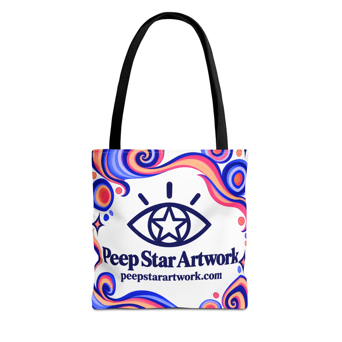 Peep Star Artwork Psychedelic Logo Tote Bag — Colorful Swirl All-Over Print