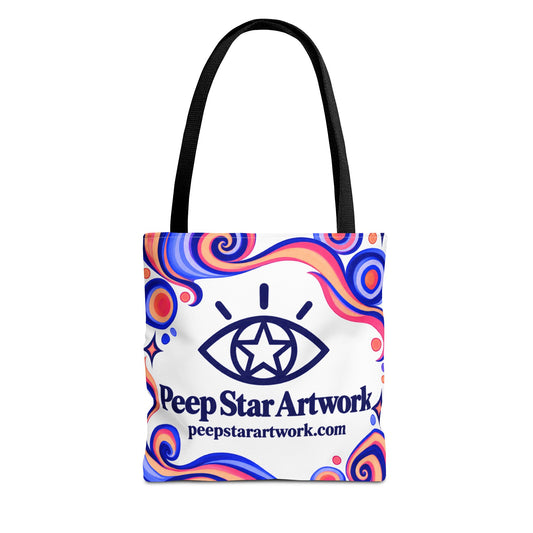 Peep Star Artwork Psychedelic Logo Tote Bag — Colorful Swirl All-Over Print
