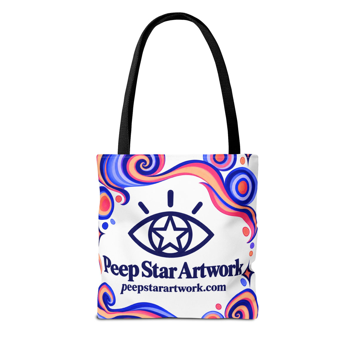 Peep Star Artwork Psychedelic Logo Tote Bag — Colorful Swirl All-Over Print