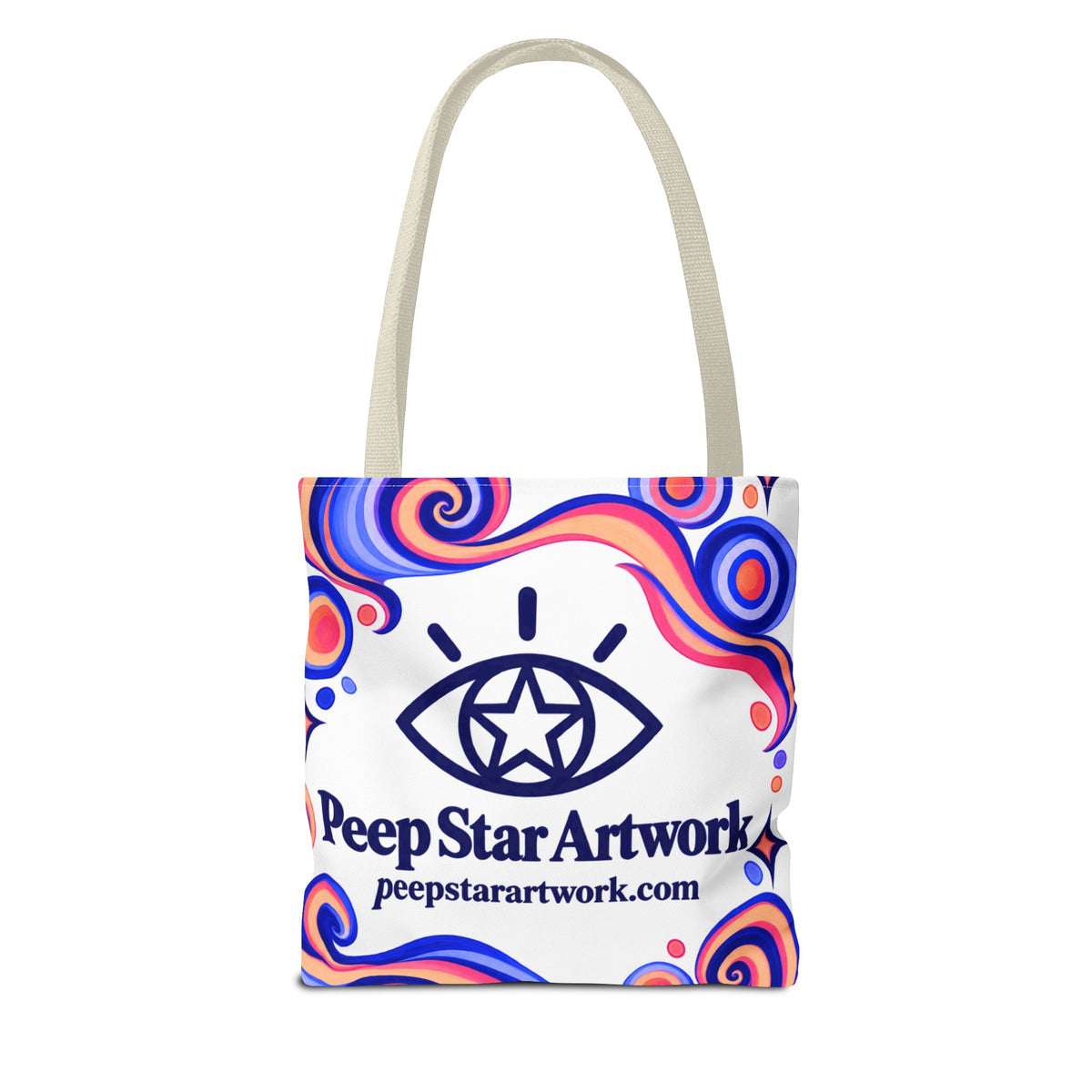 Peep Star Artwork Psychedelic Logo Tote Bag — Colorful Swirl All-Over Print