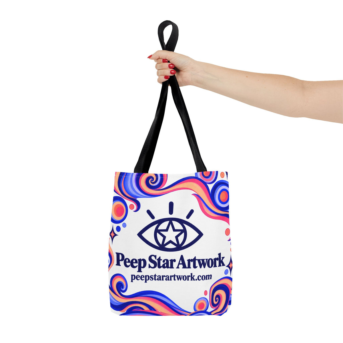 Peep Star Artwork Psychedelic Logo Tote Bag — Colorful Swirl All-Over Print