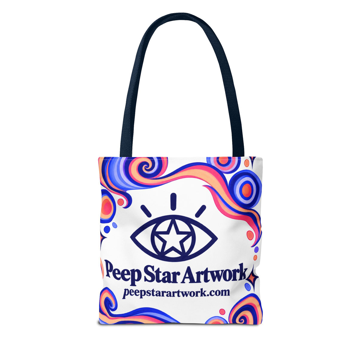 Peep Star Artwork Psychedelic Logo Tote Bag — Colorful Swirl All-Over Print