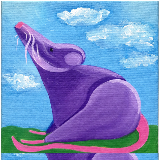 Blue sky and clouds with a seated purple rat and pink tail, original acrylic painting