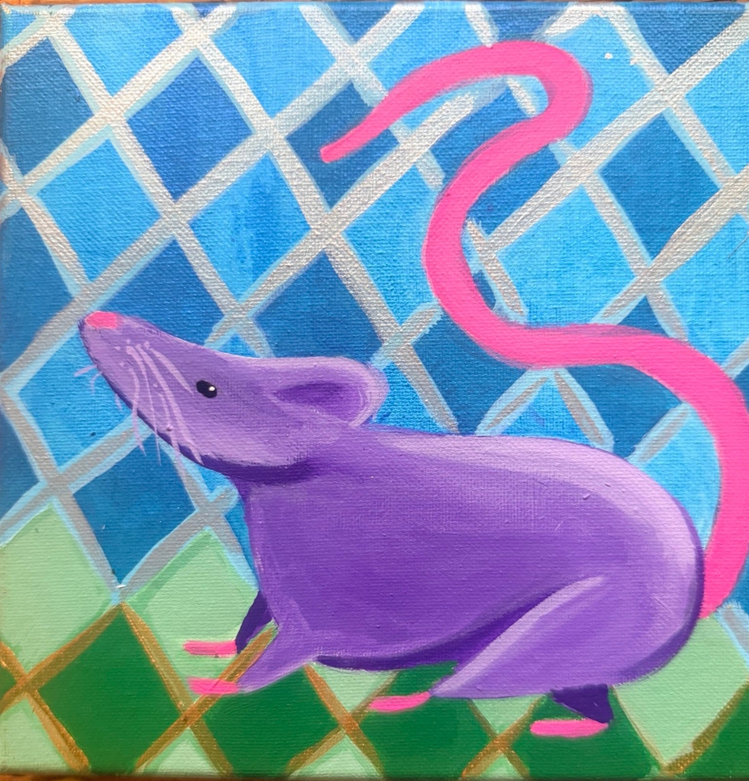 City Grid original acrylic painting with a purple rat, pink tail, and blue green silver and gold diamond pattern