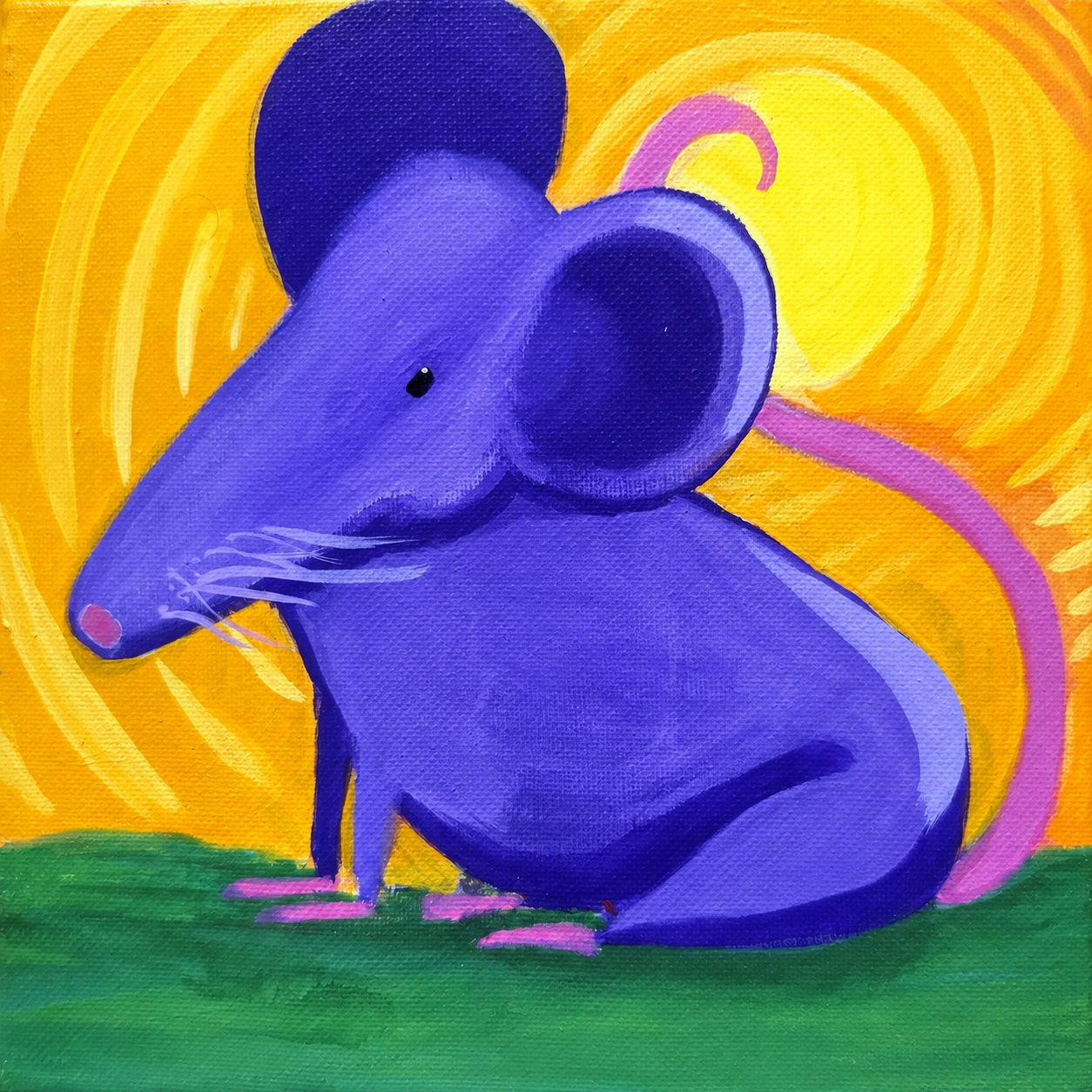 Yellow swirling background with a purple mouse and pink tail, original acrylic painting