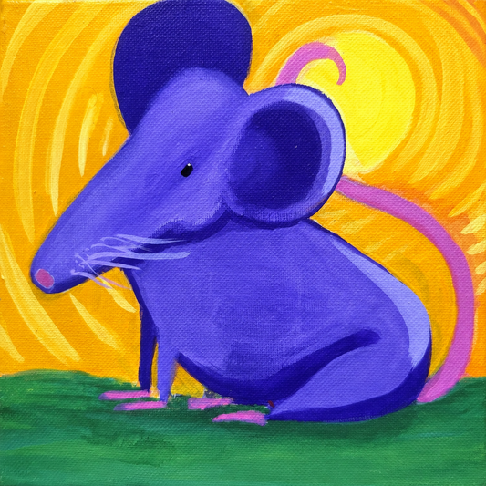 Yellow swirling background with a purple mouse and pink tail, original acrylic painting